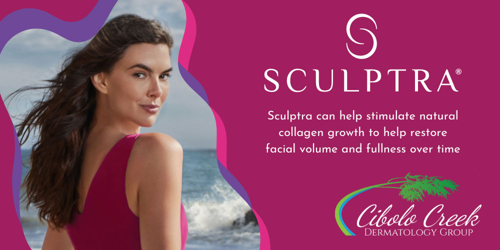 Middle aged woman with Sculptra logo and words Sculptra can help stimulate natural collagen growth to help restore facial volume and fullness over time.