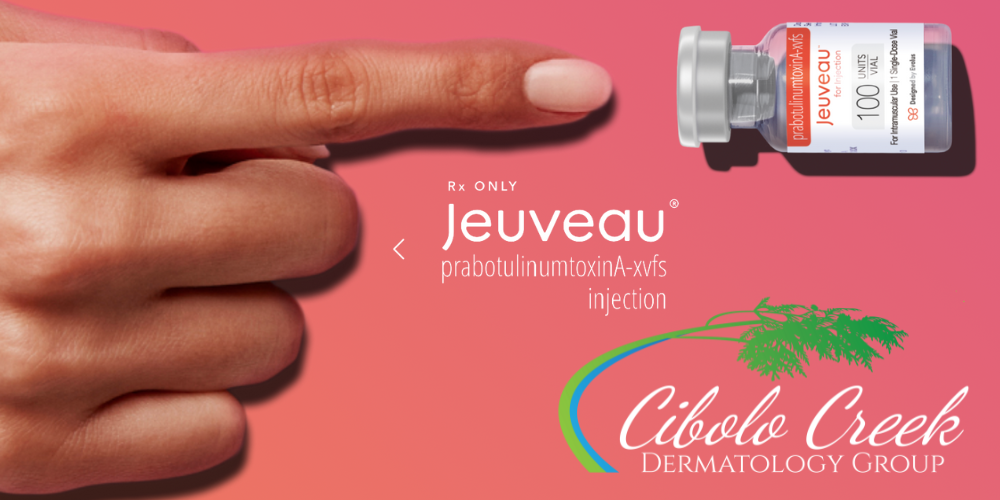 Finger pointing to vial of Jeuveau with Cibolo Creek Dermatology Group logo