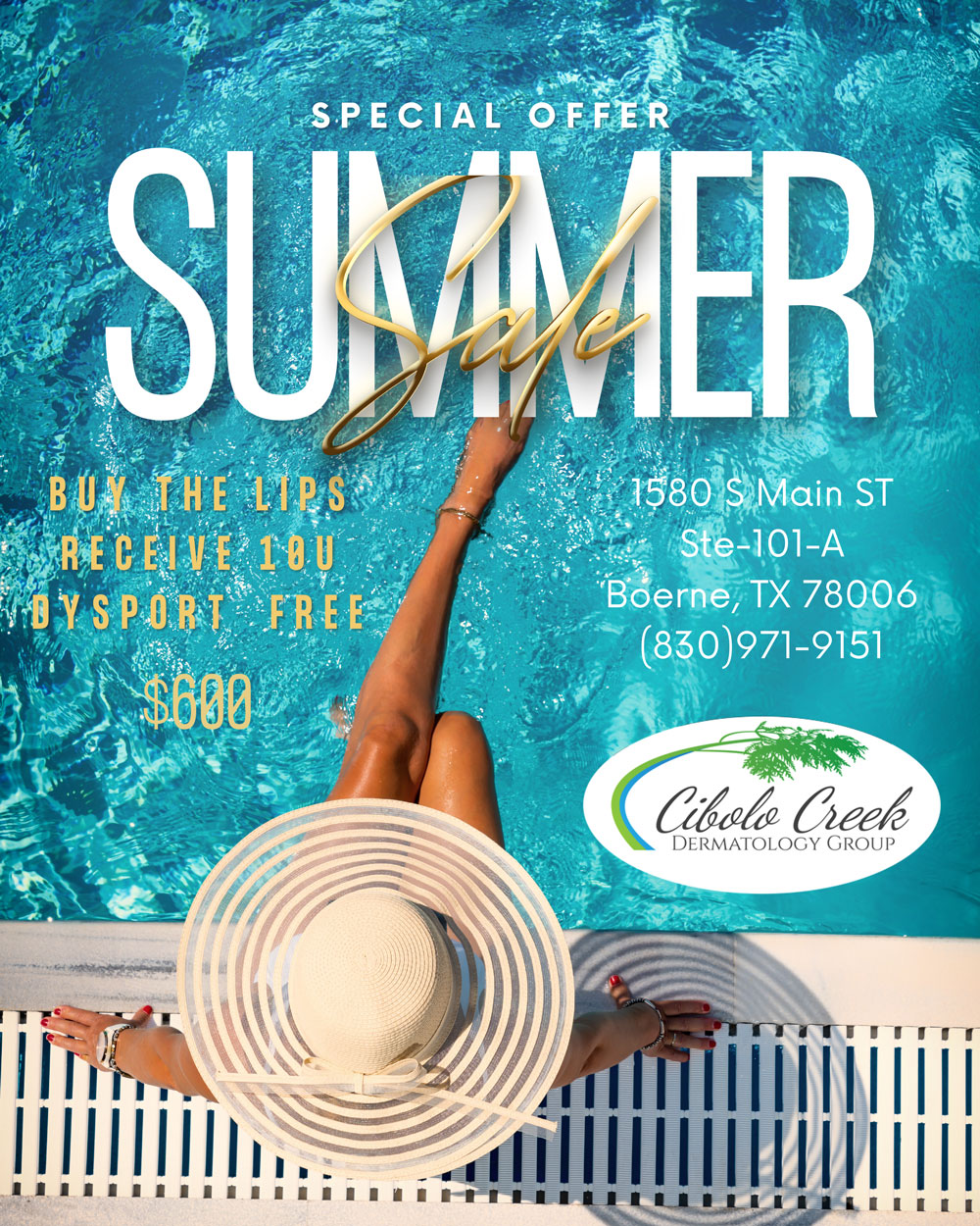 An overhead image of a woman in a hat sitting poolside. Words say Summer Special.